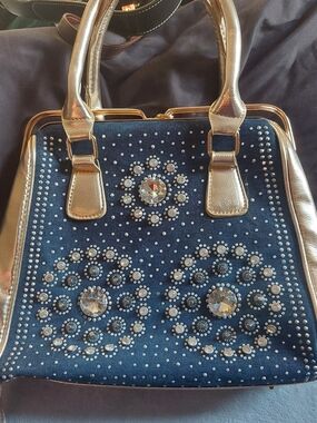 Navy Embellished Satchel Handbag with Gold Accents
